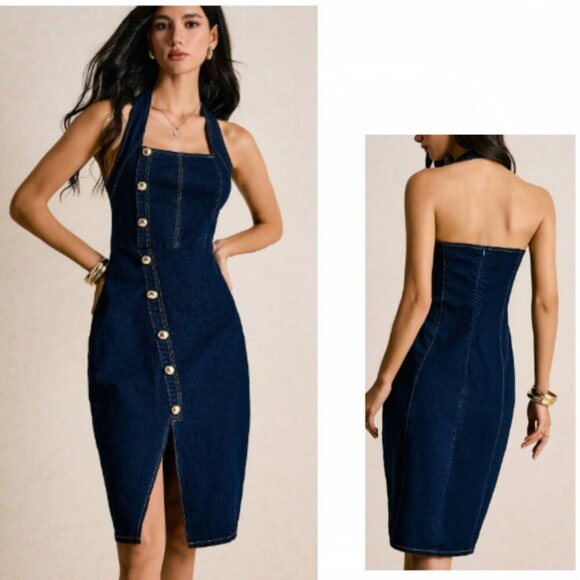 None Dresses & Skirts - Y2K Halter Button-Front Midi Dress in Dark Indigo